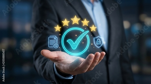 Quality assurance and certification concept, businessman holding glowing checkmark, five stars, and security shield icons