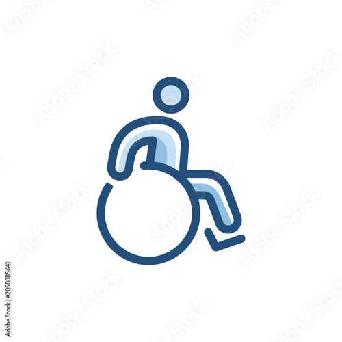 Blue wheelchair user accessibility icon on white background.