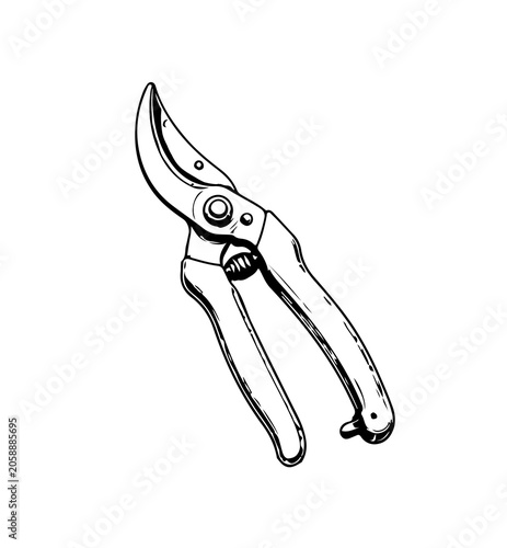 Fotografie Simple hand drawn secateurs gardening tool sketch, engraved pruner clipper shear