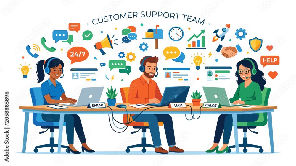 Fotografie Customer support team representatives collaborate at a shared table while utilizing headsets and laptops to resolve service requests