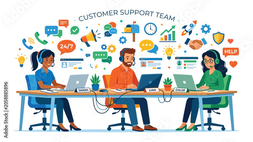 Fotografie Customer support team representatives collaborate at a shared table while utilizing headsets and laptops to resolve service requests