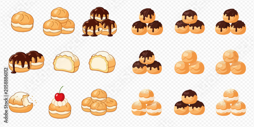 Photos Set of delicious cream puffs and profiteroles with chocolate topping, sweet dessert collection
