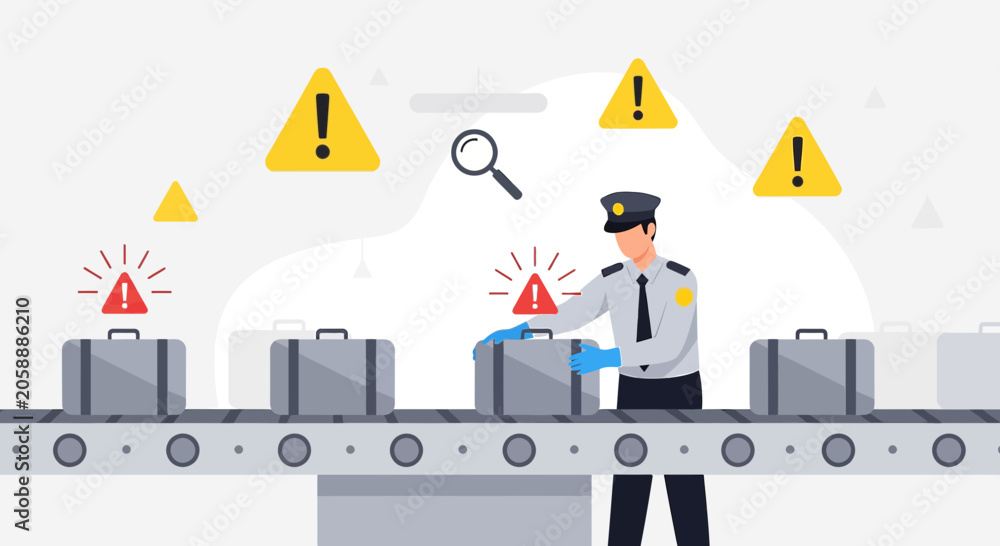 Obraz premium Airport Security Officer Inspects Luggage on Conveyor Belt