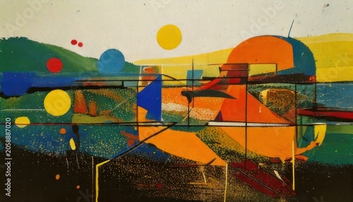 Abstract Landscape with Geometric Shapes and Vibrant Colors.