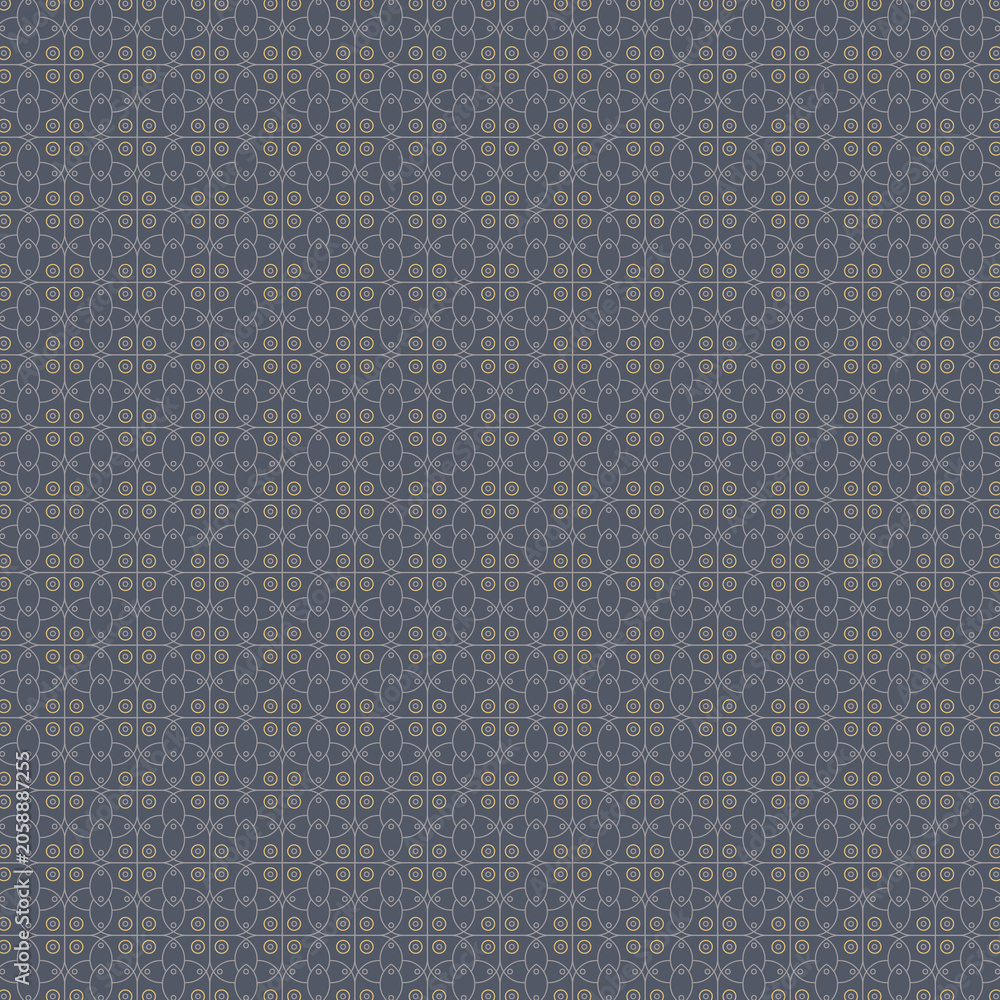 Fototapeta premium Seamless intricate geometric pattern featuring overlapping circles and gold dots on a slate grey background.