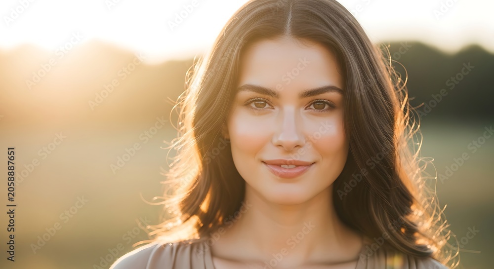 Naklejka premium Woman smiling in soft sunlight portrait with neutral background