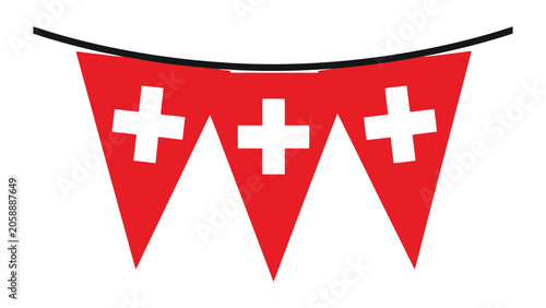 Canvastavla Bunting flags featuring the Swiss cross design hang on a string to decorate for a festive national celebration