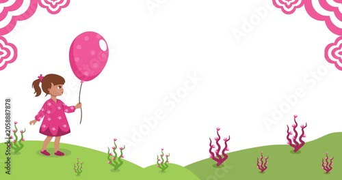 Animated illustration of a girl holding a balloon in a flower garden with pink decoration copy space