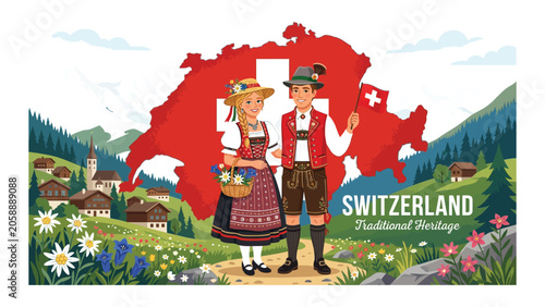 Photos Swiss couple in traditional folk costumes stands in front of a scenic alpine landscape with a stylized national map background