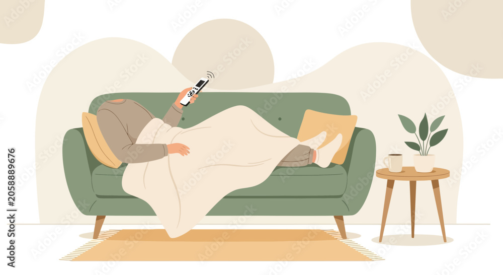 Obraz premium Woman Relaxing on Sofa Under Blanket with Remote Control, Cozy Home Atmosphere