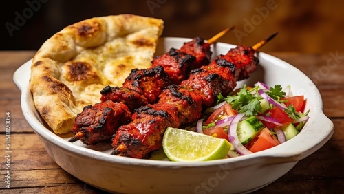 Grilled tandoori lamb kebab platter with fresh salad, flatbread, and lime wedges, side view
