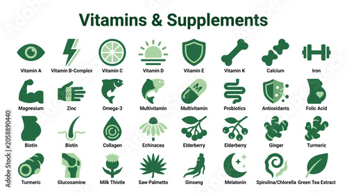 Foto Vitamins and Supplements Health Icons Collection: A Visual Guide to Essential Nu