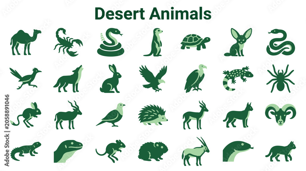 Fototapeta premium Desert Animals Collection Diverse Wildlife Creatures Illustration Set Isolated on White Background
