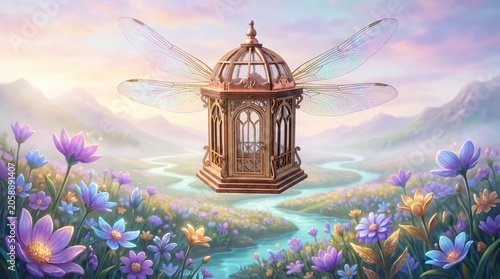 Whimsical dragonfly with copper gazebo in a vibrant floral landscape at sunrise