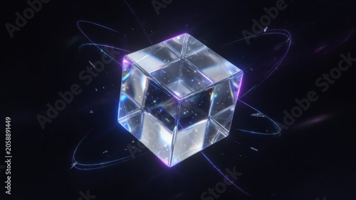 Glowing geometric shape emits light in black void