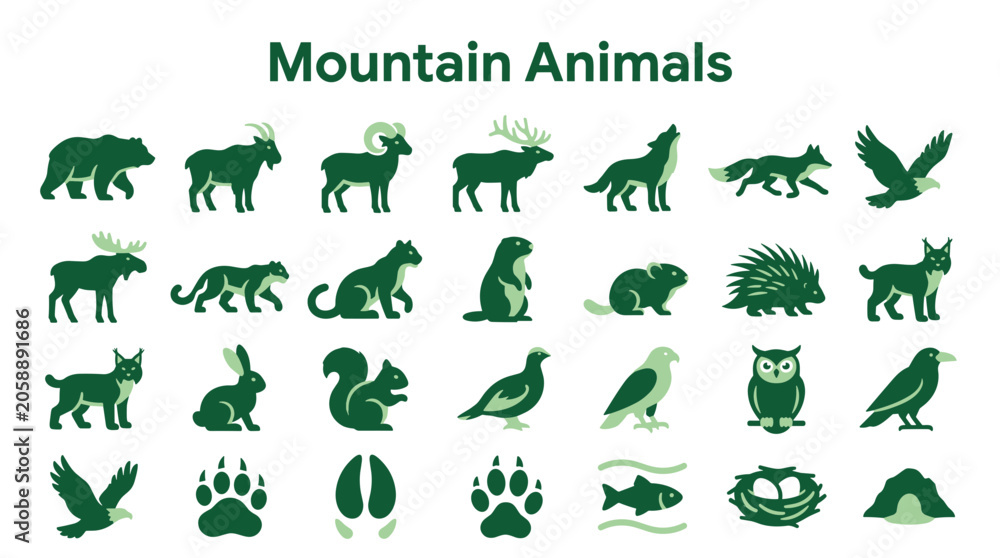Obraz premium Collection of Mountain Animals Icons and Symbols Diverse Wildlife Fauna Nature Elements Flat Design Graphics