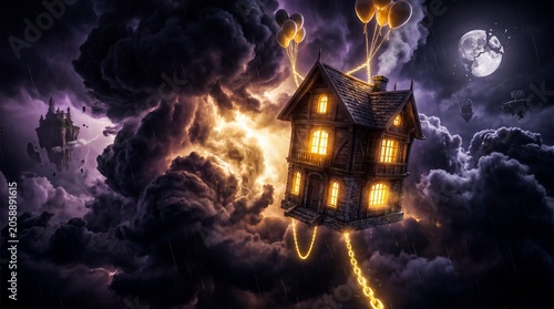 Whimsical house floats amidst a stormy night sky with glowing windows and balloons