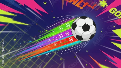 Soccer ball flies with rainbow trail against vivid abstract background