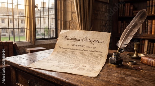 The Declaration of Independence on a wooden desk in a library