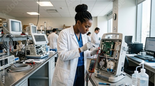 A woman in a lab coat working on medical equipment in a laboratory.