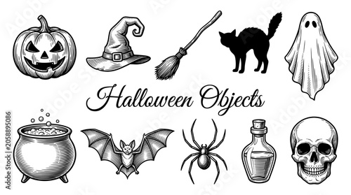 Vintage Halloween Objects Collection Vector Illustration Set featuring Engraved Style Pumpkin Skull Ghost and Witch Icons
