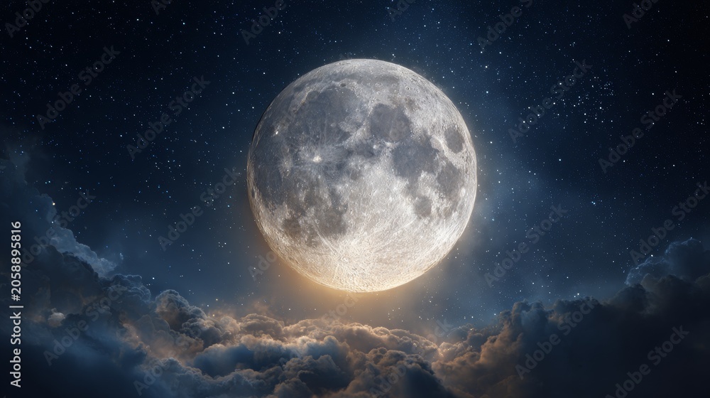 Fototapeta premium Full moon shining brightly in a starry night sky above clouds