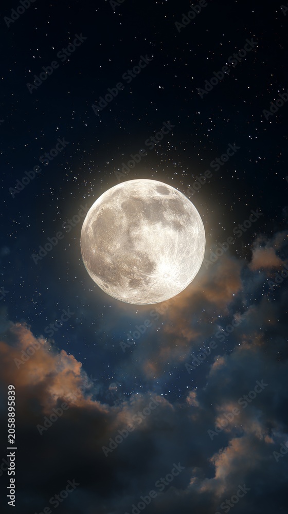 Fototapeta premium Full moon illuminating a starry night sky with clouds
