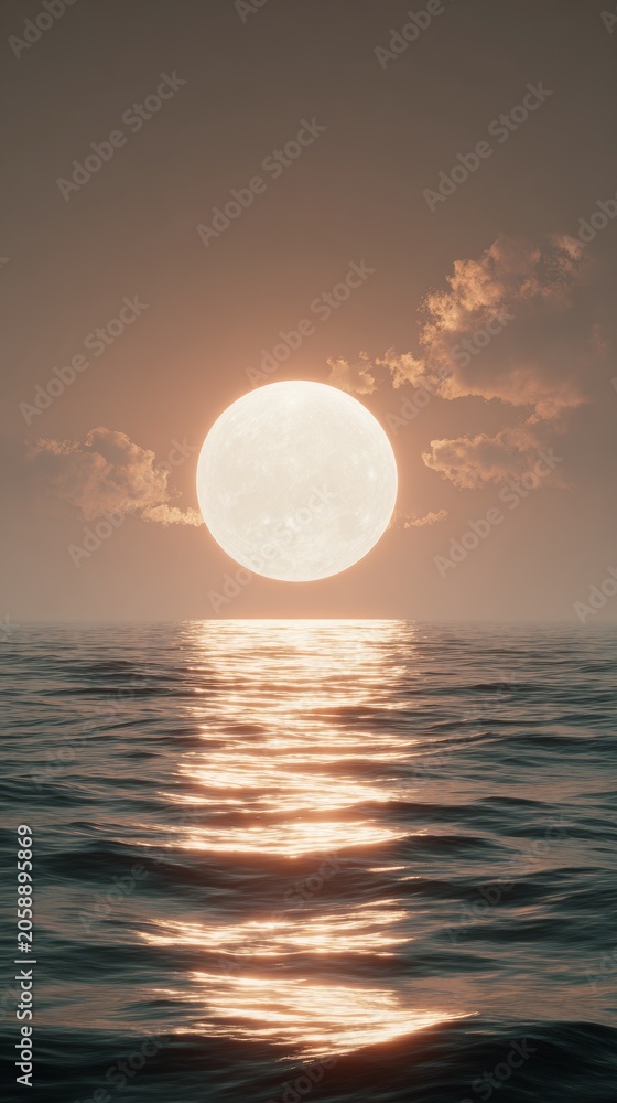 Fototapeta premium Serene ocean sunset with full moon reflection on water