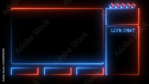 Neon glowing live stream overlay frame with red and blue light lines on a dark background for gaming channel video broadcast with space for chat and social media icons in a modern digital style