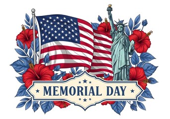 Memorial day illustration with american flag and statue of liberty