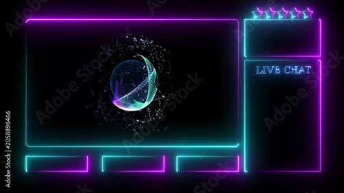 Neon gaming overlay frame with glowing blue and purple light borders for live streaming broadcast screen layout with abstract digital sphere particle center graphic design element for content creators