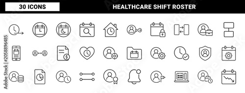 Caregiver shift planning line icon set. Vector pictograms of medical staffing, healthcare roster, employee scheduling, and workforce management elements, thin linear illustration.