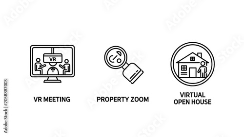 Set of virtual reality meeting property zoom and open house icons with property magnifying building collaboration communication technology interface architecture exploration residential