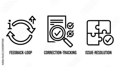 Feedback correction tracking and issue resolution icons set for software quality assurance and project management with feedback correction tracking resolution software assurance management