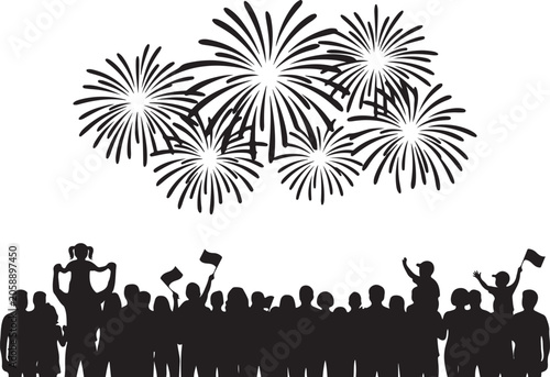Crowd silhouetted watching fireworks explode in a night sky during a celebration