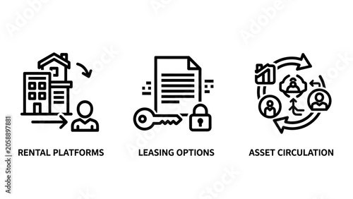 Rental platforms and asset circulation leasing icons with circulation platforms agreement security contract transaction property business management investment transfer ownership document