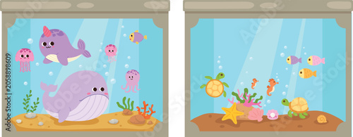 Photography Cute Ocean Animals in Aquarium Illustration