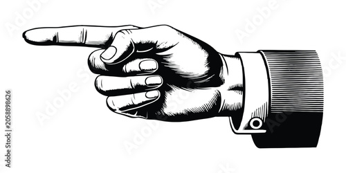Canvas Print Vintage hand pointing index finger to the left side in retro engraved woodcut style vector illustration