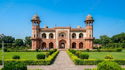 Tomb of akbar the great in sikandra, agra, india, a stunning example of mughal architecture surrounded by lush green gardens
