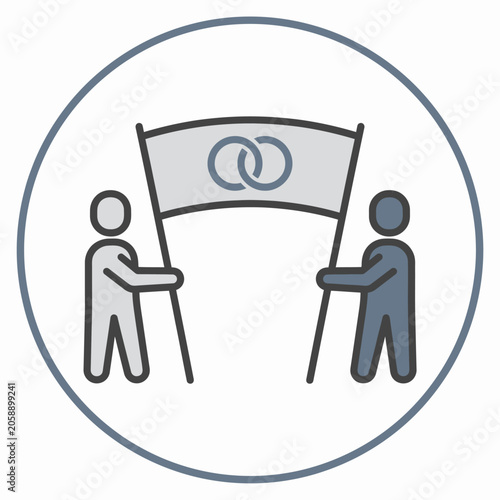 Two people holding a unity banner with interlocking circles