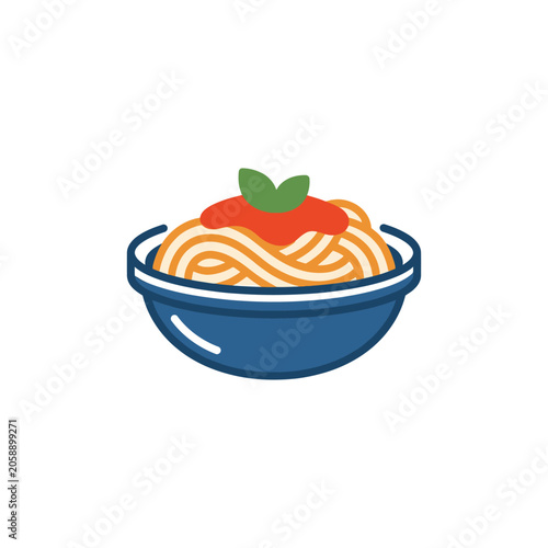 Spaghetti pasta with tomato sauce in blue bowl.
