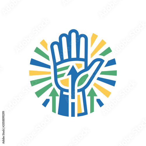 Stylized hand icon with upward arrows and burst.