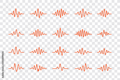 Sound Wave Icon Set– Audio Waves, Equalizer Vector. Continuous one line sound wave music audio icon art voice. Podcast line wave. Line sound wave noise sketch outline recording frequency vocal wave.