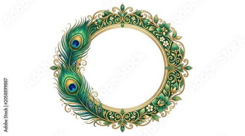 Ornate circular frame design featuring vibrant peacock feathers integrated with intricate gold flourishes and emerald green floral patterns creating a luxurious 