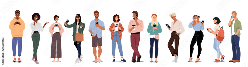 Fototapeta premium Group of diverse people standing and using smartphones isolated on white background. Mobile communication and social media usage concept. Flat vector illustration set.