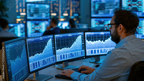 Cybersecurity technician analyzes data in server room with multiple screens