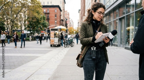 A woman in a green jacket and glasses standing on a city street, taking notes with a microphone and a notepad.