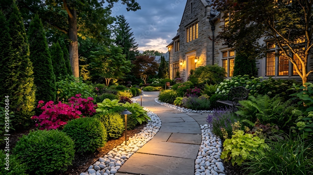 Obraz premium Lush garden pathway leads to stone manor house at dusk