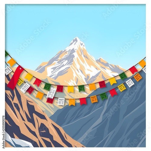 Papercut Layered Illustration Tibetan Prayer Flags Strung Across Mountain Pass
