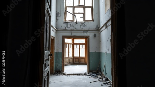 Abandoned Tuberculosis Sanatorium Interior Viewed Decayed Doorway Frame Peeling Plaster